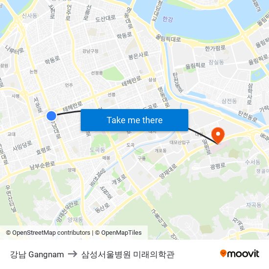 강남 Gangnam to 삼성서울병원 미래의학관 map