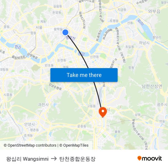 왕십리 Wangsimni to 탄천종합운동장 map