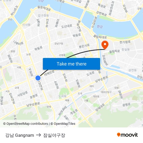 강남 Gangnam to 잠실야구장 map