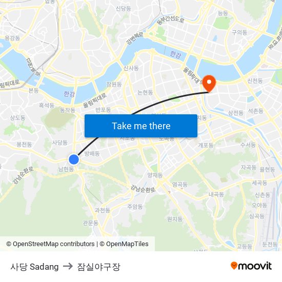 사당 Sadang to 잠실야구장 map