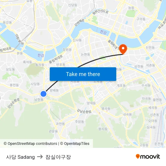 사당 Sadang to 잠실야구장 map