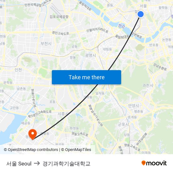 서울 Seoul to 경기과학기술대학교 map