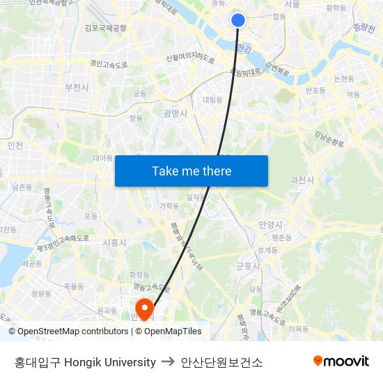 홍대입구 Hongik University to 안산단원보건소 map