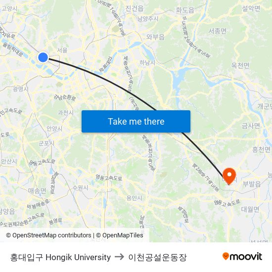 홍대입구 Hongik University to 이천공설운동장 map