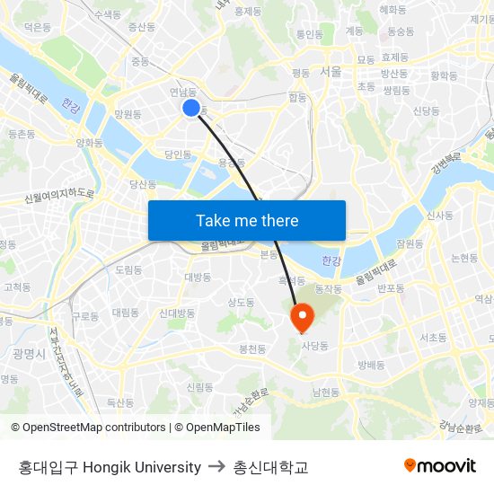 홍대입구 Hongik University to 총신대학교 map