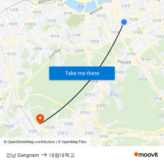 강남 Gangnam to 대림대학교 map