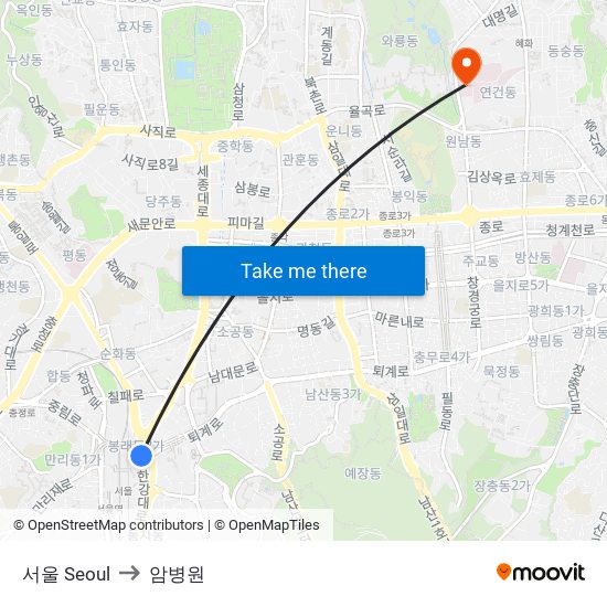 서울 Seoul to 암병원 map