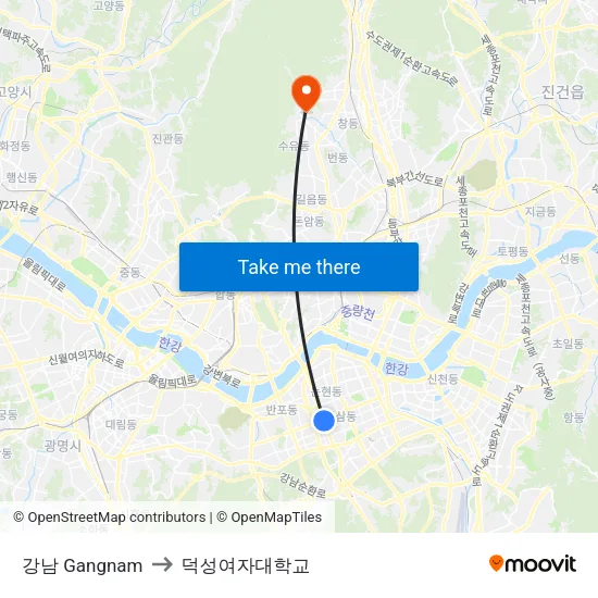 강남 Gangnam to 덕성여자대학교 map