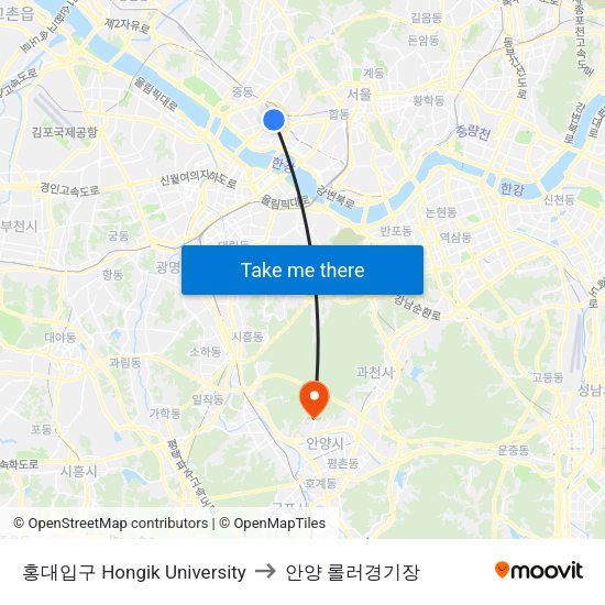홍대입구 Hongik University to 안양 롤러경기장 map