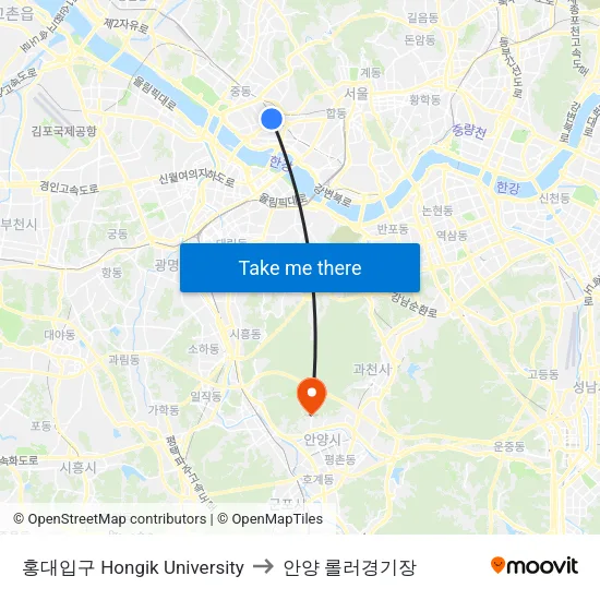 홍대입구 Hongik University to 안양 롤러경기장 map