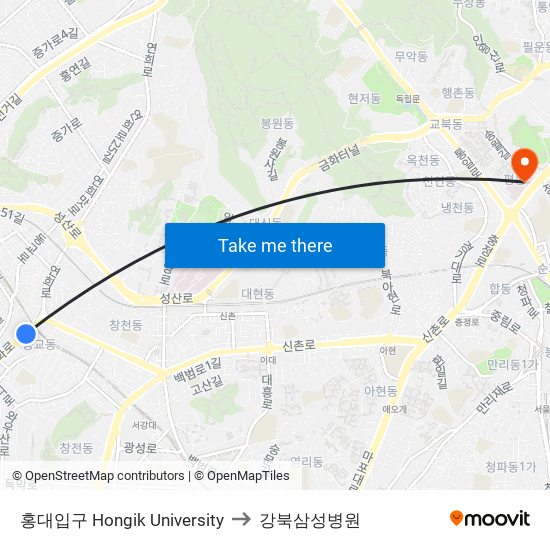 홍대입구 Hongik University to 강북삼성병원 map