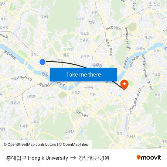 홍대입구 Hongik University to 강남힘찬병원 map