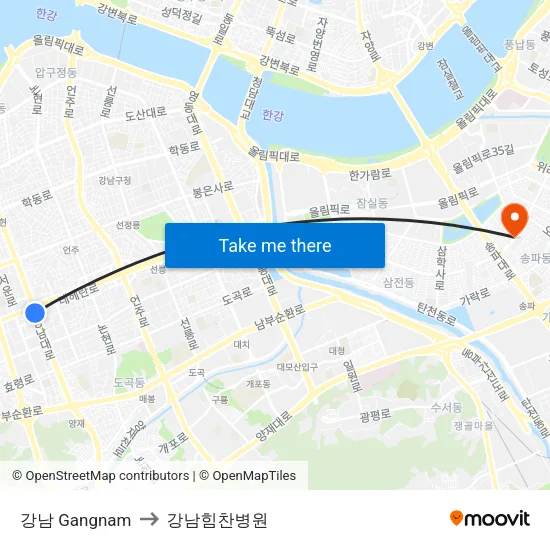 강남 Gangnam to 강남힘찬병원 map