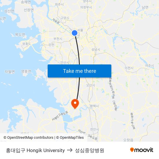 홍대입구 Hongik University to 성심중앙병원 map