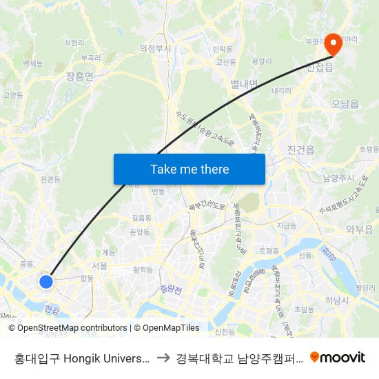 홍대입구 Hongik University to 경복대학교 남양주캠퍼스 map