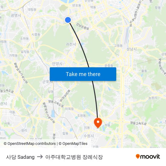 사당 Sadang to 아주대학교병원 장례식장 map