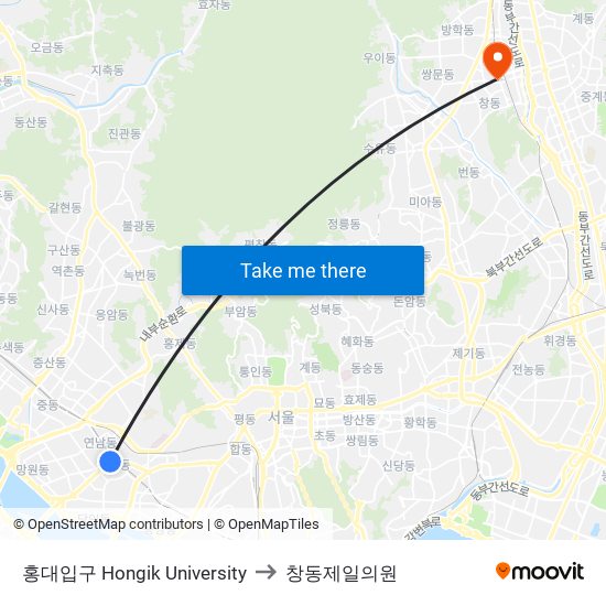 홍대입구 Hongik University to 창동제일의원 map