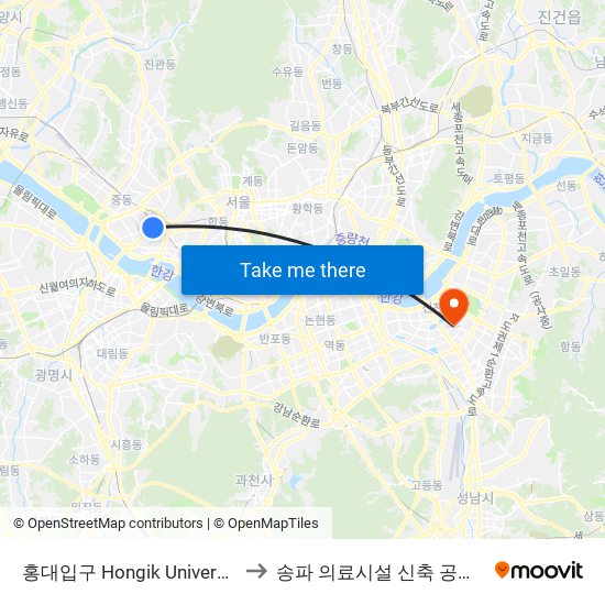 홍대입구 Hongik University to 송파 의료시설 신축 공사장 map