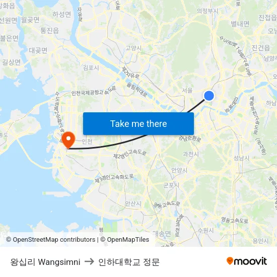 왕십리 Wangsimni to 인하대학교 정문 map