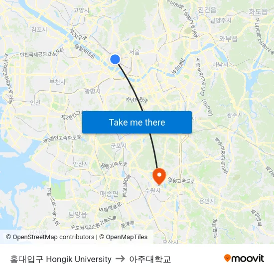 홍대입구 Hongik University to 아주대학교 map