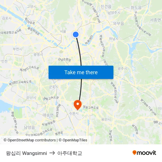 왕십리 Wangsimni to 아주대학교 map
