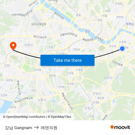 강남 Gangnam to 에덴의원 map