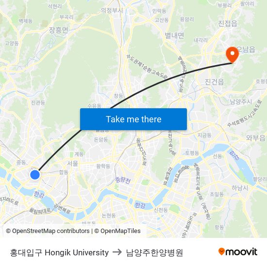 홍대입구 Hongik University to 남양주한양병원 map