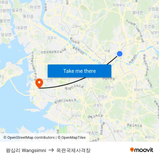 왕십리 Wangsimni to 옥련국제사격장 map