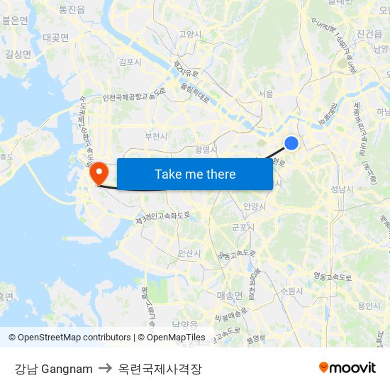 강남 Gangnam to 옥련국제사격장 map