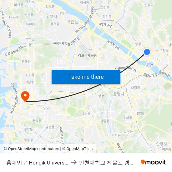 홍대입구 Hongik University to 인천대학교 제물포 캠퍼스 map