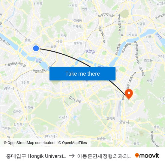 홍대입구 Hongik University to 이동훈연세정형외과의원 map