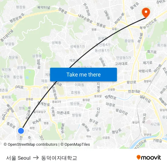 서울 Seoul to 동덕여자대학교 map