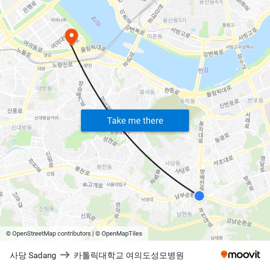 사당 Sadang to 카톨릭대학교 여의도성모병원 map