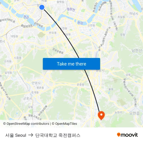 서울 Seoul to 단국대학교 죽전캠퍼스 map