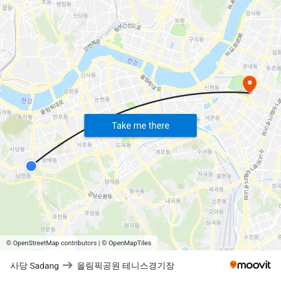 사당 Sadang to 올림픽공원 테니스경기장 map