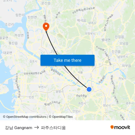 강남 Gangnam to 파주스타디움 map