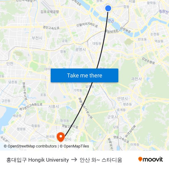 홍대입구 Hongik University to 안산 와~ 스타디움 map