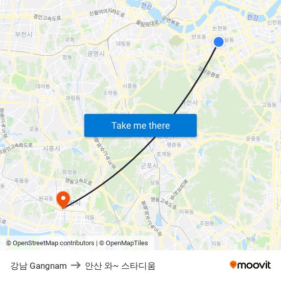 강남 Gangnam to 안산 와~ 스타디움 map