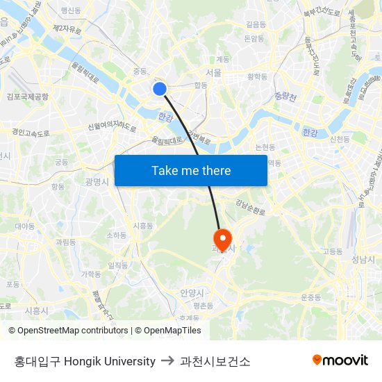 홍대입구 Hongik University to 과천시보건소 map