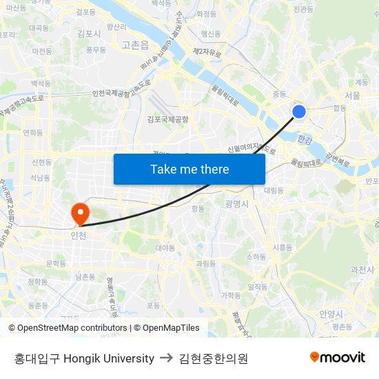 홍대입구 Hongik University to 김현중한의원 map