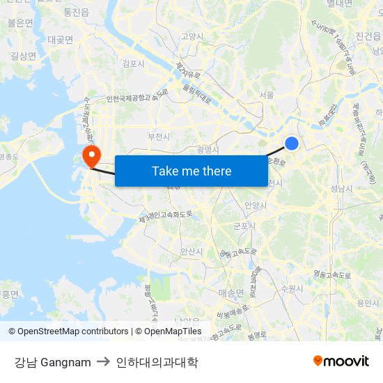 강남 Gangnam to 인하대의과대학 map