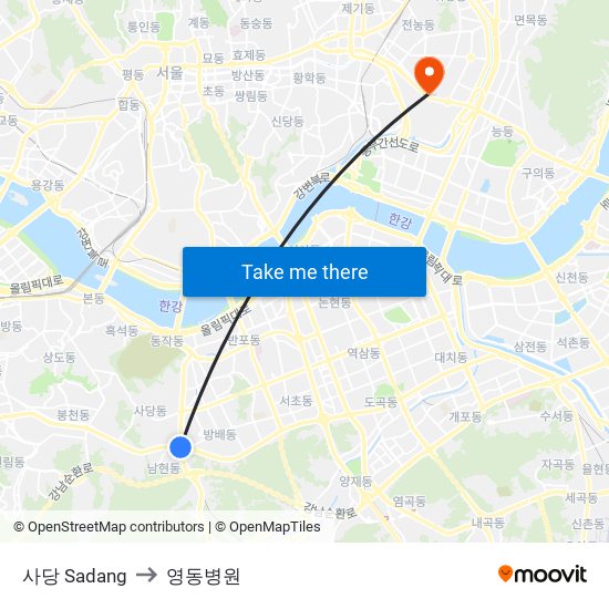 사당 Sadang to 영동병원 map