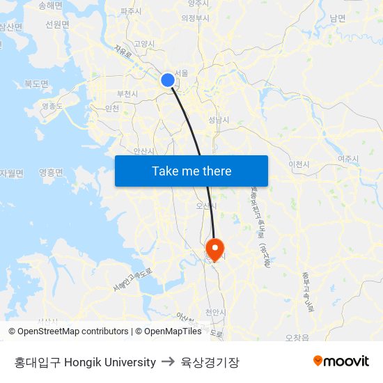 홍대입구 Hongik University to 육상경기장 map