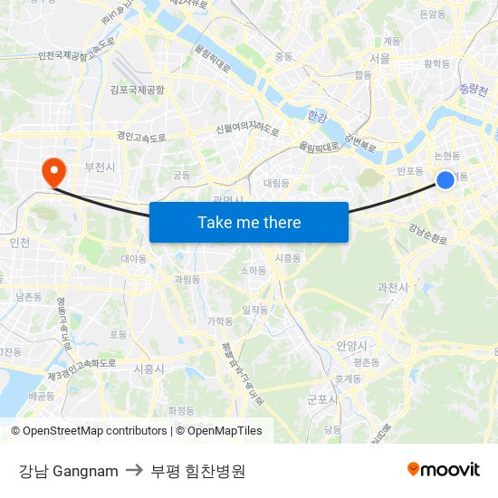 강남 Gangnam to 부평 힘찬병원 map