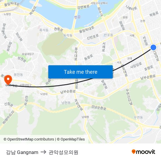 강남 Gangnam to 관악성모의원 map