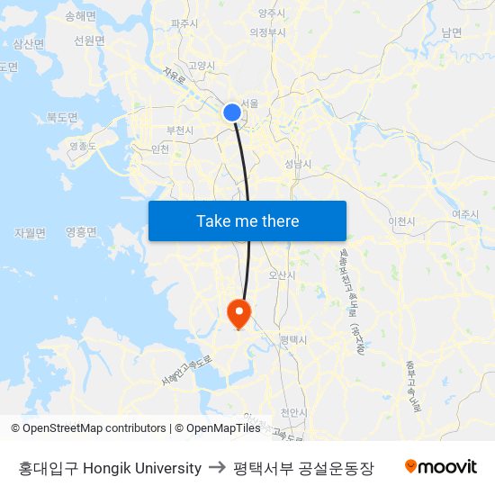 홍대입구 Hongik University to 평택서부 공설운동장 map