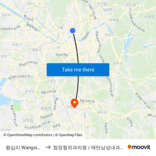 왕십리 Wangsimni to 참정형외과의원 / 매탄삼성내과의원 map