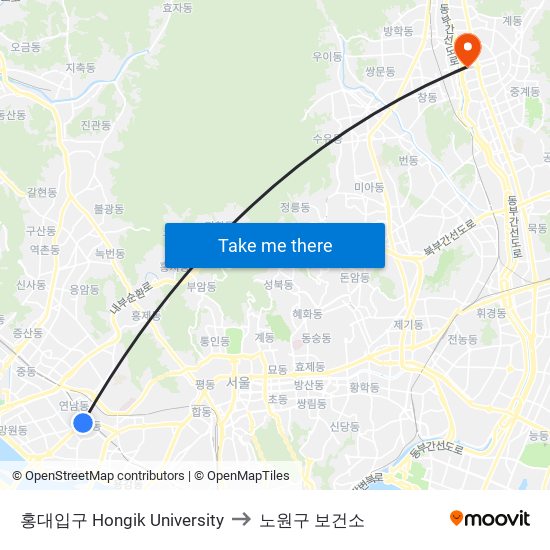 홍대입구 Hongik University to 노원구 보건소 map