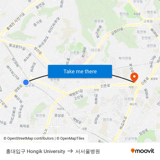 홍대입구 Hongik University to 서서울병원 map