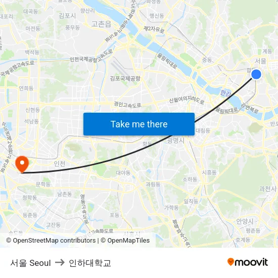 서울 Seoul to 인하대학교 map